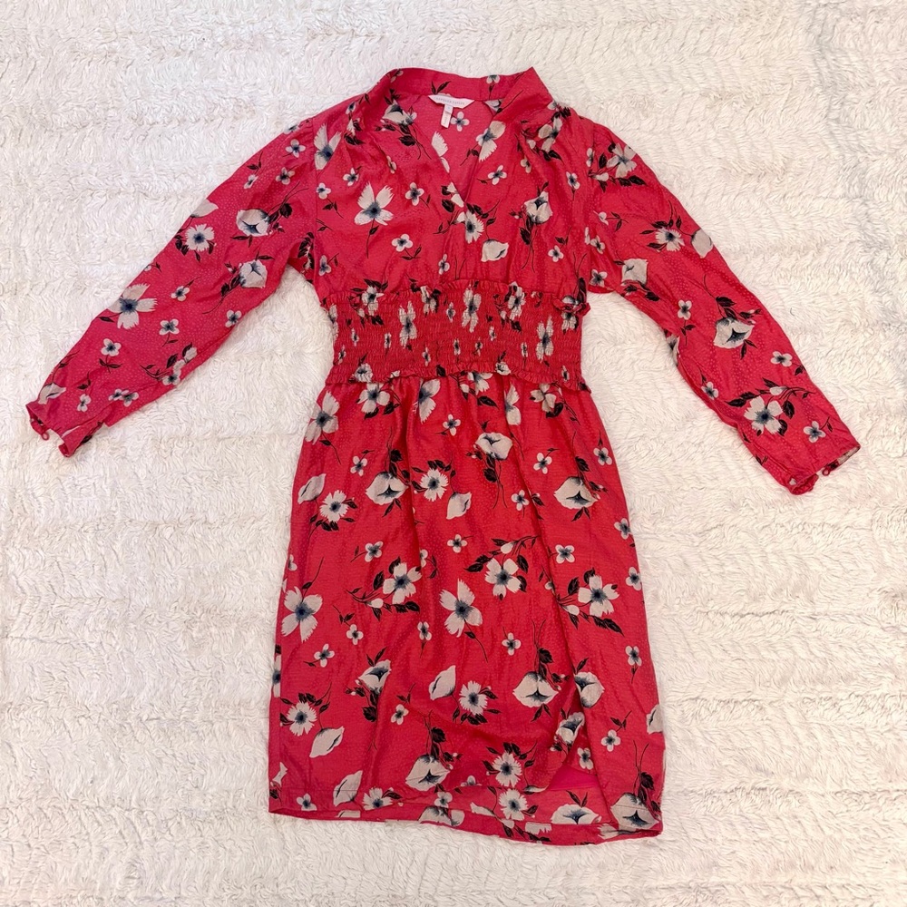 Rebecca Taylor size 2 Daniella Red Floral Silk Blend Dress smocked v neck - Picture 2 of 8